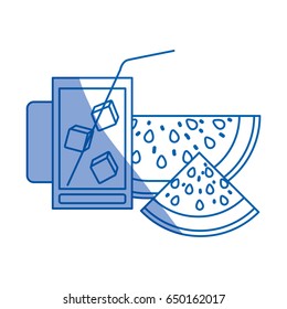 blue shading silhouette of watermelon slice and refreshing drink vector illustration