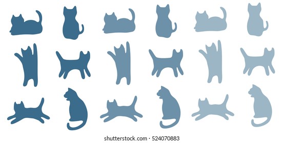 Blue Shadow Silhouette Cats Pattern Background / Cat Movement In Many Positions