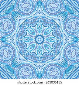 Blue shadows ethnic repeatable ornament. Seamless tribal geometric pattern. Abstract symmetric background. Stained glass style. Stylized Indian square motif. Vector file is EPS8. 
