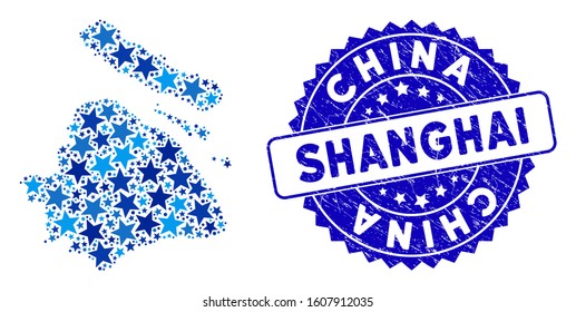 Blue Shanghai City map composition of stars, and textured rounded stamp seal. Abstract territory scheme in blue color tones. Vector Shanghai City map is done of blue stars.