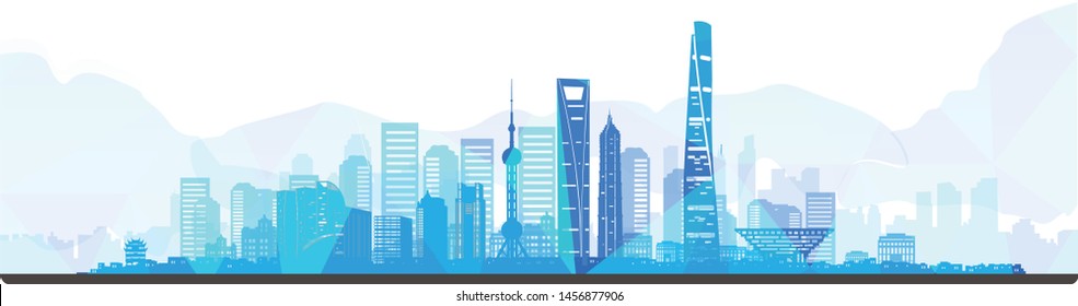 horizonte azul shanghai, fondo de edificios emblemáticos shanghai, ilustración vectorial