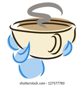 blue shape of person holds big cup of hot drink