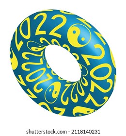 Blue shape of Torus with yellow Yin Yang symbol, 2022 year. Swimming circle, ring. Abstract lifebuoy. 3D vector illustration on white background.