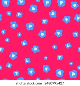 Blue shapes with hearts on pink background, abstract seamless pattern, vector illustration.
