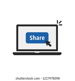 blue share button on black laptop. flat trendy logo graphic design ui element isolated on white. concept of easy distribution of interesting and popular viral content to other users or friends