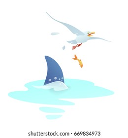 Blue shark appears a fin over the wave and attacks the seagull. A frightened bird tries to escape, losing feathers and dropping a small fish. Expressive vector cartoon situation, wild oceanic hunt.