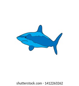 Blue shark cartoon drawing on white background.