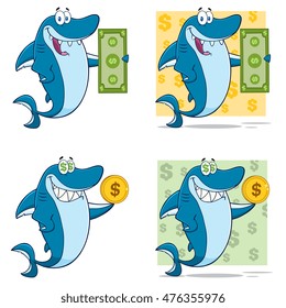 Blue Shark Cartoon Mascot Character 4. Vector Collection Set Isolated On White Background