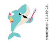 Blue Shark Character Brushing Teeth with Toothbrush as Hygiene Vector Illustration