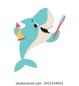 Blue Shark Character Brushing Teeth with Toothbrush as Hygiene Vector Illustration