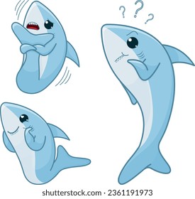 Blue shark character set. Cute cartoon vector illustration. Isolated on white background