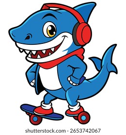 Blue shark character wearing headphones and scarf skateboarding