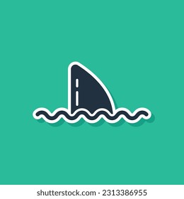 Blue Shark fin in ocean wave icon isolated on green background.  Vector