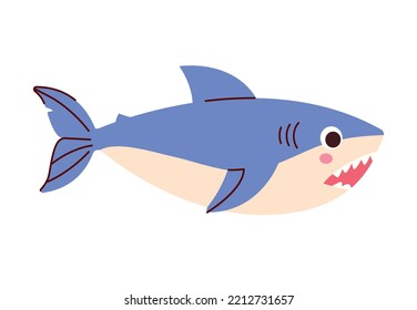 Blue shark icon. Element for childrens educational game, marine animals and biology, fauna. Poster or banner for website. Toy or mascot for kids. Summer season. Cartoon flat vector illustration