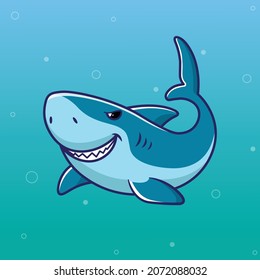 Blue shark. Shark illustrator design. Shark icon or logo. Cartoonish shark fish vector design. Hand drawing. Digital art. Comic and cartoon characters. 