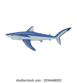 Tiburón azul aislado de fondo blanco. Caricatura del océano para los niños. Impresión simple con mamíferos marinos. Diseño para cualquier propósito. Ilustración vectorial.