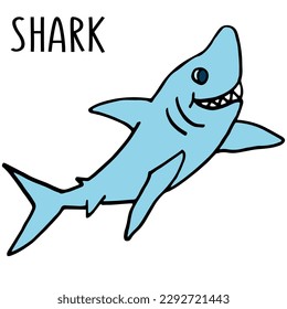 Tiburón azul sobre fondo blanco. Elemento oceánico para libros, pegatinas, impresión. Ilustración vectorial de dibujos animados.