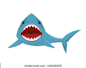 Blue shark with open mouth and sharp teeth isolated on white background, illustration.