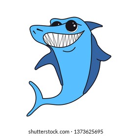 Blue Shark smiling with sharp teeth. Sea Fish isolated on white background. Cartoon character for print on clothes, mug, card. Vector illustration marine poster, wall art, logo.
