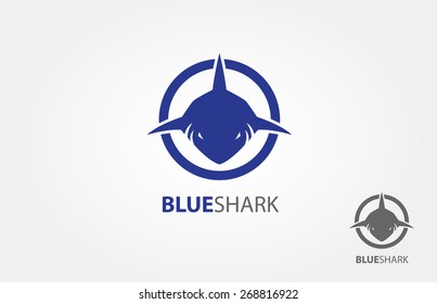 Blue Shark Vector Logo Template. Frontal head of shark vector logo illustration. It symbolizes aggression, pressure, force, speed, attack. 