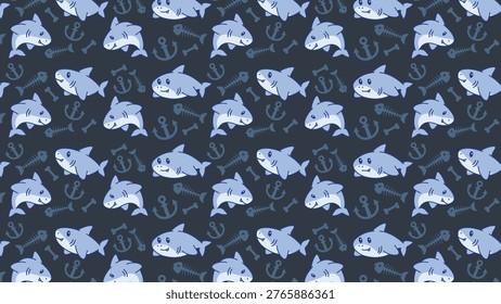 Blue sharks float calmly through the sea. Gray anchors and bones decorate the pattern. Kids might love this playful ocean scene. Perfect for children's books or bath time themes