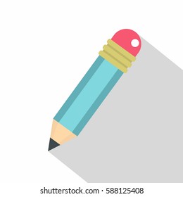 Blue sharpened pencil with eraser icon. Flat illustration of blue sharpened pencil with eraser vector icon for web isolated on white background