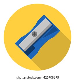 Blue sharpener with shadow on yellow round background. Flat logo