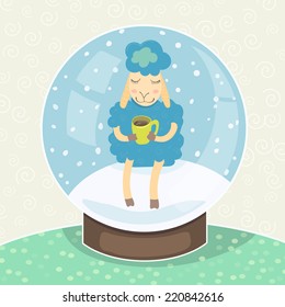 blue sheep with a mug of hot chocolate sitting in a snow globe. vector illustration.