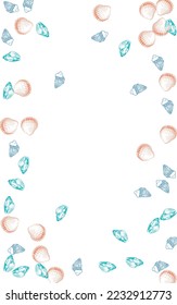 Blue Shell Background White Vector. Scallop Drawn Set. Drawing Textile Card. Red Seashell Cartoon Design.