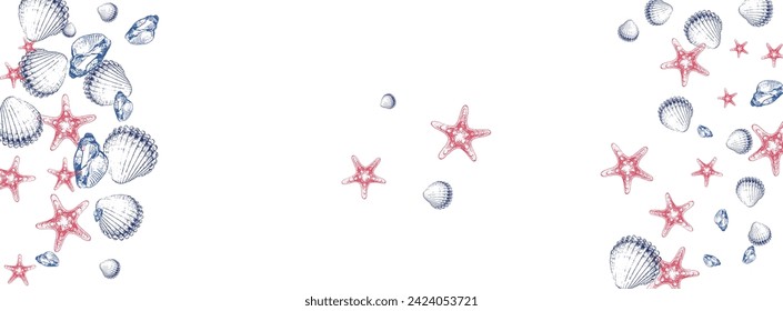 Blue Shell Background White Vector. Shellfish Cute Illustration. Nautical Design. Gray Starfish Creature Textile Card.