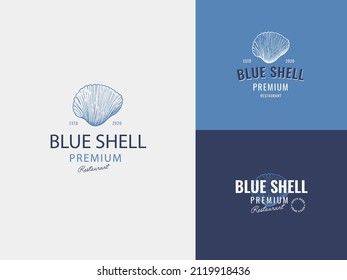Blue Shell Meeresfrüchte handgezeichnet Logo Vorlage mit Premium Vintage Typografie. Stilvolles Vintage Vectoremblem Konzept.