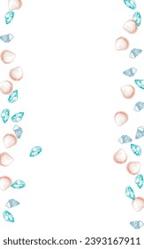 Blue Shellfish Background White Vector. Scallop Print Illustration. Collection Set. Red Starfish Exotic Graphic.