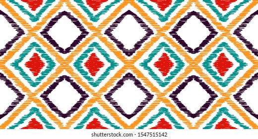 Blue Shibori Handmade Seamless Pattern. Yellow Batik Mexican Watercolor Pattern. Batik Geometry Background. Mexican Stripes Ethnic Watercolor Background. Rhombus.