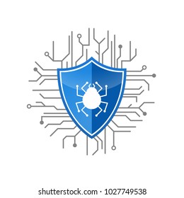 Blue shield  antivirus logo with digital cobweb vector illustration. Secure logo for software design
