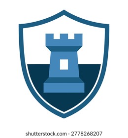 A blue shield badge emblem featuring a centered castle tower icon, symbolizing strength, security, safety, and defense. Ideal for corporate branding and logo design.