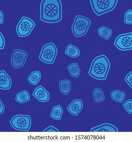 Blue Shield in the basketball ball inside icon isolated seamless pattern on blue background.  Vector Illustration