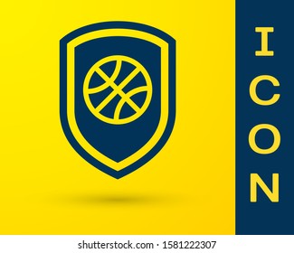 Blue Shield in the basketball ball inside icon isolated on yellow background.  Vector Illustration