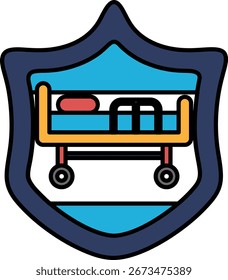 Un escudo azul con una cama. La cama está rodeada de ruedas y tiene una almohada roja