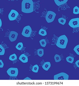 Blue Shield with bitcoin icon isolated seamless pattern on blue background. Cryptocurrency mining, blockchain technology, bitcoin, security, protect, digital money. Vector Illustration