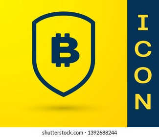 Blue Shield with bitcoin icon isolated on yellow background. Cryptocurrency mining, blockchain technology, bitcoin, security, protect, digital money. Vector Illustration