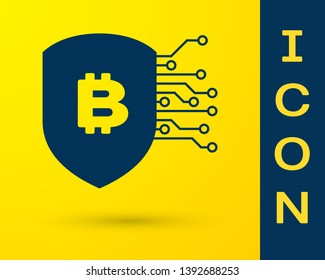 Blue Shield with bitcoin icon isolated on yellow background. Cryptocurrency mining, blockchain technology, bitcoin, security, protect, digital money. Vector Illustration
