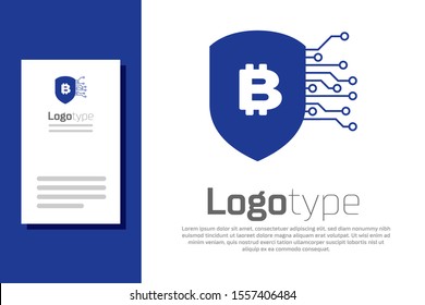 Blue Shield with bitcoin icon isolated on white background. Cryptocurrency mining, blockchain technology, security, protect, digital money. Logo design template element. Vector Illustration