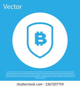 Blue Shield with bitcoin icon on blue background. Cryptocurrency mining, blockchain technology, bitcoin, security, protect, digital money. White circle button. Flat design. Vector Illustration