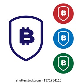 Blue Shield with bitcoin icon on white background. Cryptocurrency mining, blockchain technology, bitcoin, security, protect, digital money. Set color icon in circle buttons. Vector Illustration