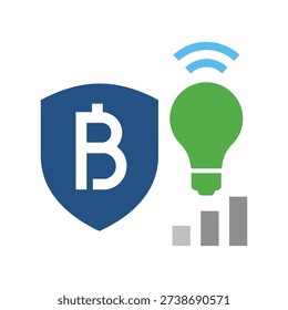 Blue shield with Bitcoin symbol and green lightbulb with wifi signal cryptocurrency blockchain