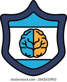 A blue shield with a brain on it. The brain is split into two halves