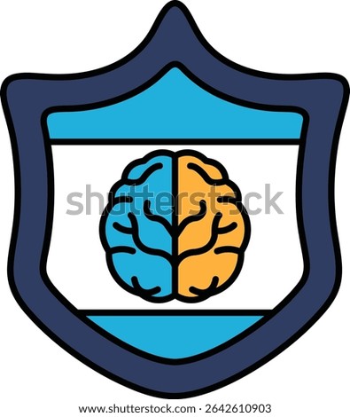 A blue shield with a brain on it. The brain is split into two halves