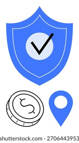 Escudo azul con marca de verificación en el centro, moneda con signo de dólar y pin de ubicación. Ideal para temas de seguridad, finanzas, seguros, servicios basados en la ubicación, navegación fintech y protección. Línea