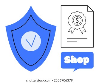 Blue shield with a check mark, a document with a rosette and dollar sign, and a speech bubble with the word Shop. Ideal for e-commerce, online security, quality assurance, money-back guarantees