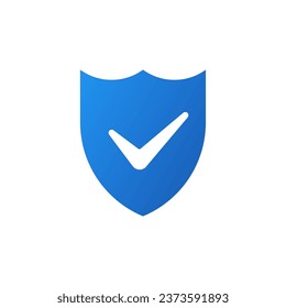 Blue shield with check mark icon. Label of web security and protection against viruses and hacking with mandatory user check and vector firewall